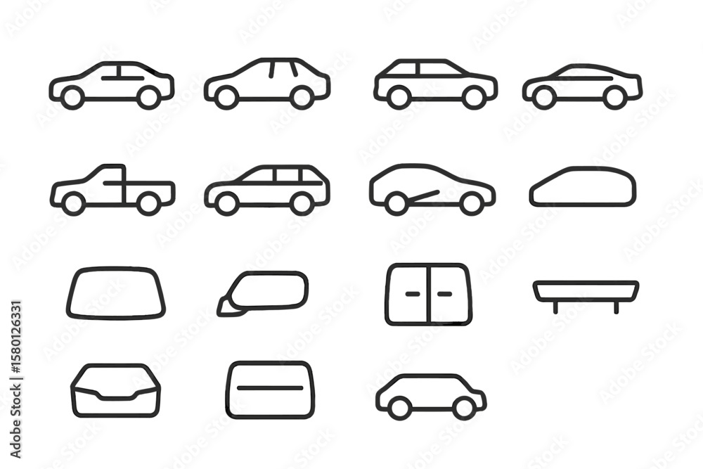Obraz premium Silhouettes of various car models and car parts on dark background