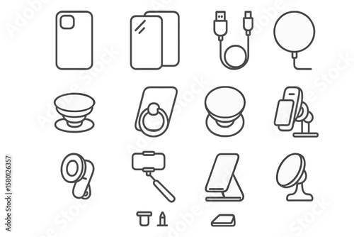 Outline icons of smartphone accessories and gadgets in gray gradient design