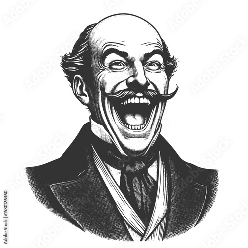 Funny bald man in formal clothing, laughing loudly with a wide open mouth and expressive joy sketch engraving generative ai fictional character vector illustration. Scratch board. Black and white.