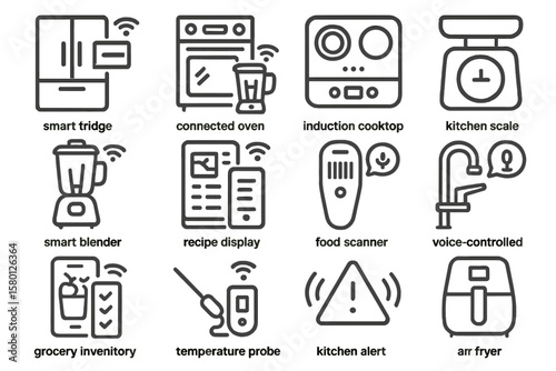 Smart kitchen appliance icons: fridge, oven, blender, scale, food scanner