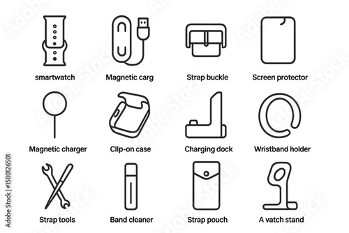 Smartwatch accessories set with various tools, cases, and stands icons