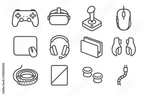 Gaming accessories icons set: controllers, vr, joystick, mouse, headset