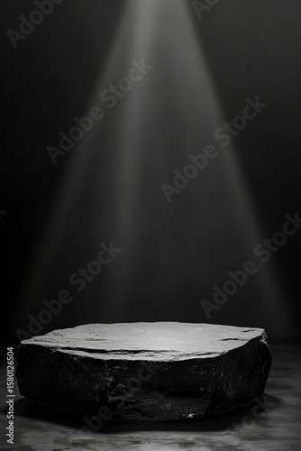 Empty solid stone slab against dark background with spotlight. Display platform for product presentation and advertising show.