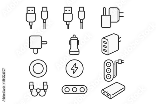 Usb cables and chargers icons on black background
