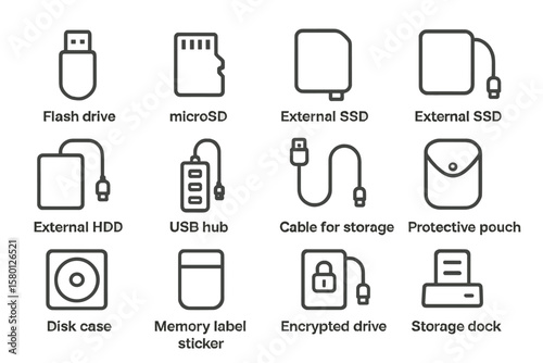 Icons of flash drives, external ssds, hdds, and storage accessories