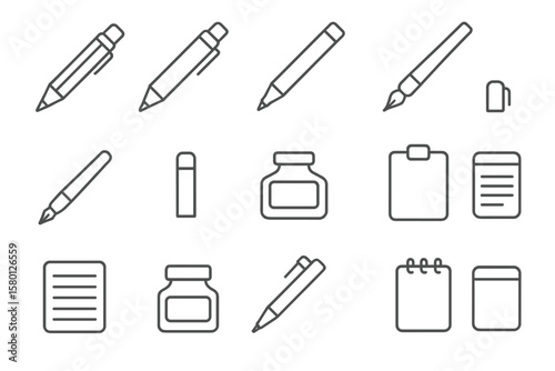 Simple gray office icons set with pens, notebooks, and ink bottles