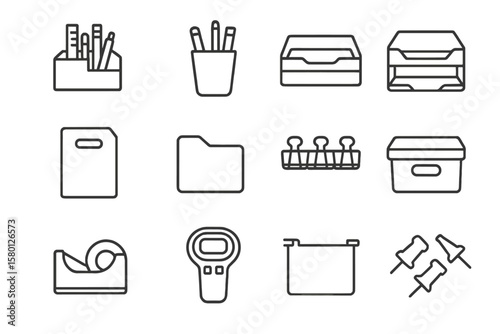 Minimalist office supply icons on gray background