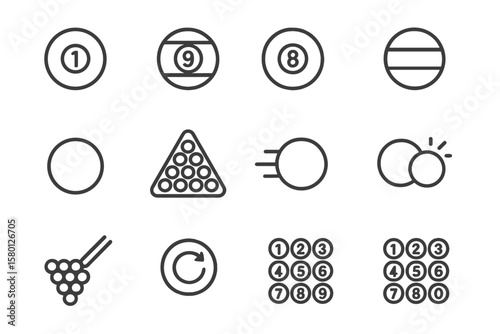 Billiards and pool icons set with balls and triangles on dark background