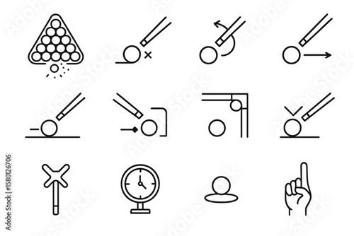 Billiards icons: techniques and equipment for snooker and pool games