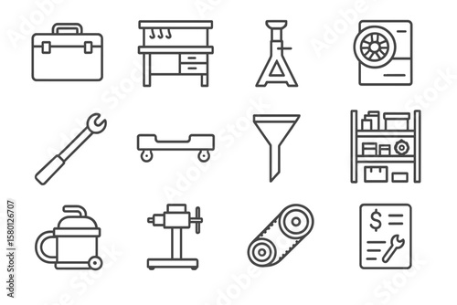 Automotive tools icon set with wrench, workbench, and tire tools