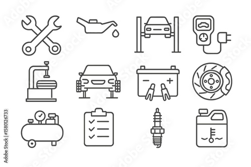 Car maintenance icons on metallic background: tools, battery, spark plug, oil