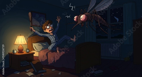 Humorous illustration of a startled man facing a giant mosquito in his bedroom at night