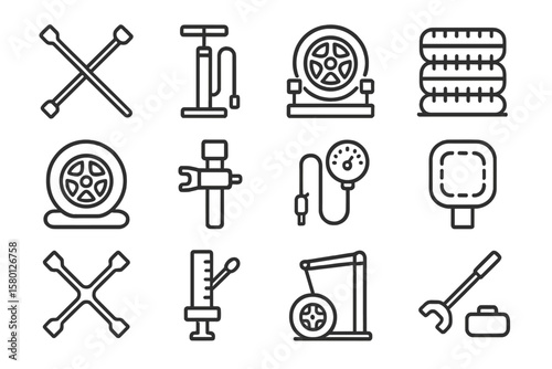 Tire maintenance tools icons on dark background