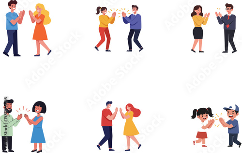High Five Celebrations: A collection of couples and individuals engage in high-fives, expressing camaraderie and success in a lighthearted illustration, conveying positivity and unity.
