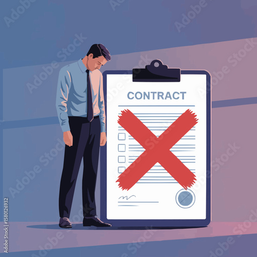 Disappointed businessman stands next to a rejected contract with a large red cross