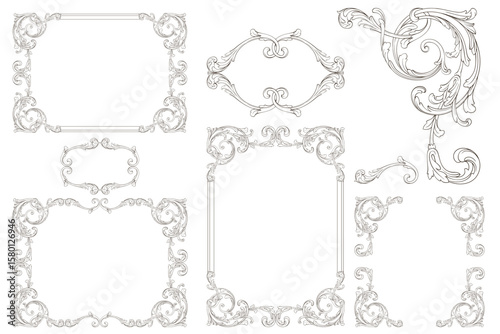 Decorative design set featuring flourish borders, corner elements, and frames, ideal for invitations, menus, and page embellishments. Perfect for enhancing layouts with elegant vector details.
