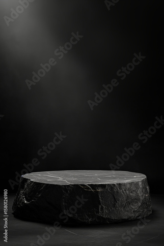 Black stone display stand with natural textured surface on a dark background. Product presentation pedestal for modern design.