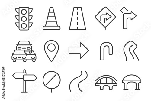 Road and traffic sign icons on dark background