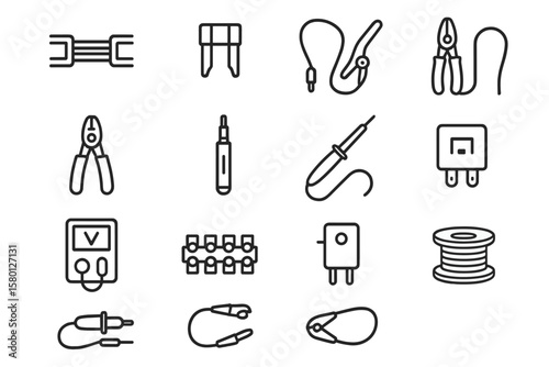 Electrical tools icons: wire, voltmeter, plier, socket, soldering iron