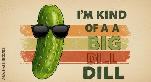 Humorous pickle illustration with sunglasses and vintage style stripes design element