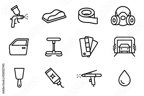 Car painting and repair tools icons: spray gun, mask, color palette, garage