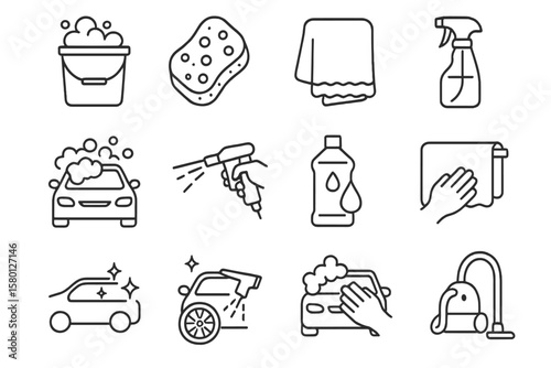 Car wash and cleaning icons on dark background with tools and equipment