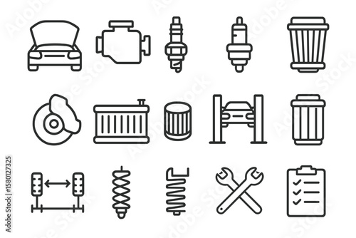 Car maintenance icons set featuring engine, brake, spark plug, and tools