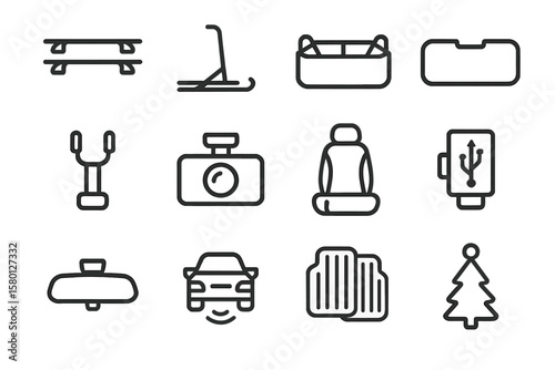 Car accessories icons set on dark background featuring various vehicle items