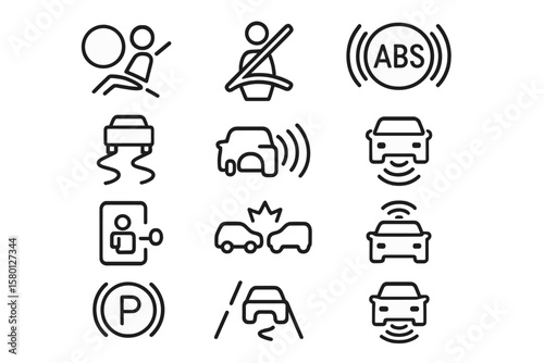 Car dashboard symbols: safety, parking, sensor, alert, auto