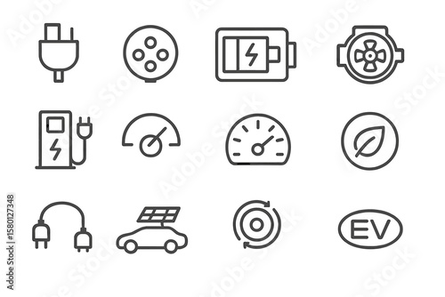 Electric vehicle icons: charger, battery, speedometer, sustainability, ev