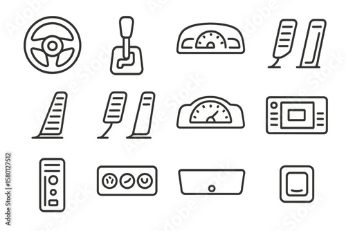 Car dashboard icons set with steering wheel and pedals on gray background