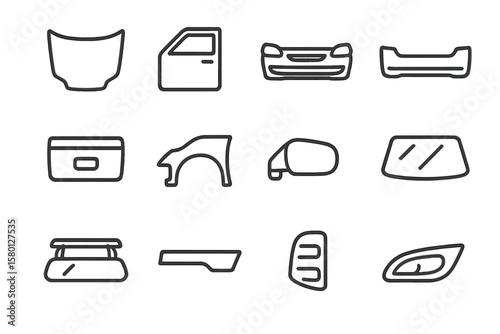 Auto parts icons on dark background: door, hood, mirror, bumper, headlight