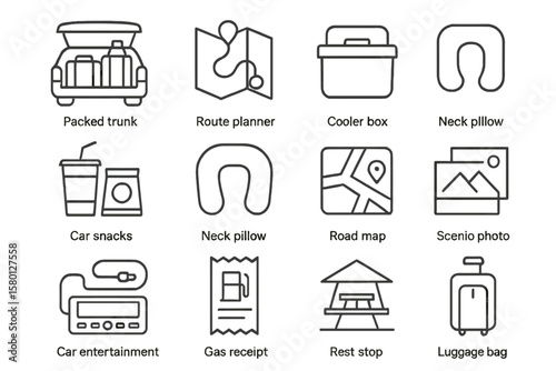 Road trip essentials: packed trunk, route planner, cooler box icons