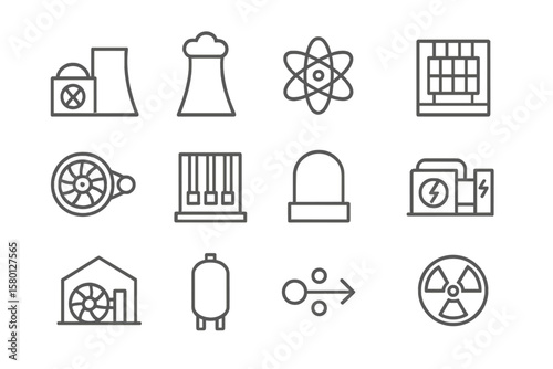 Industrial energy icons: nuclear, renewable, atomic, and mechanical symbols