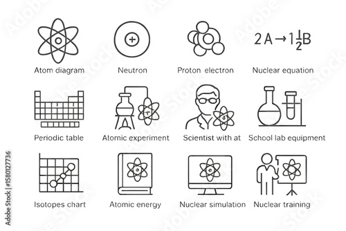 Science icons: diagrams, equipment, and atomic experiments