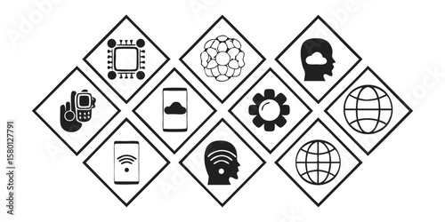 Collection of technology and communication icons arranged in a diamond grid pattern design