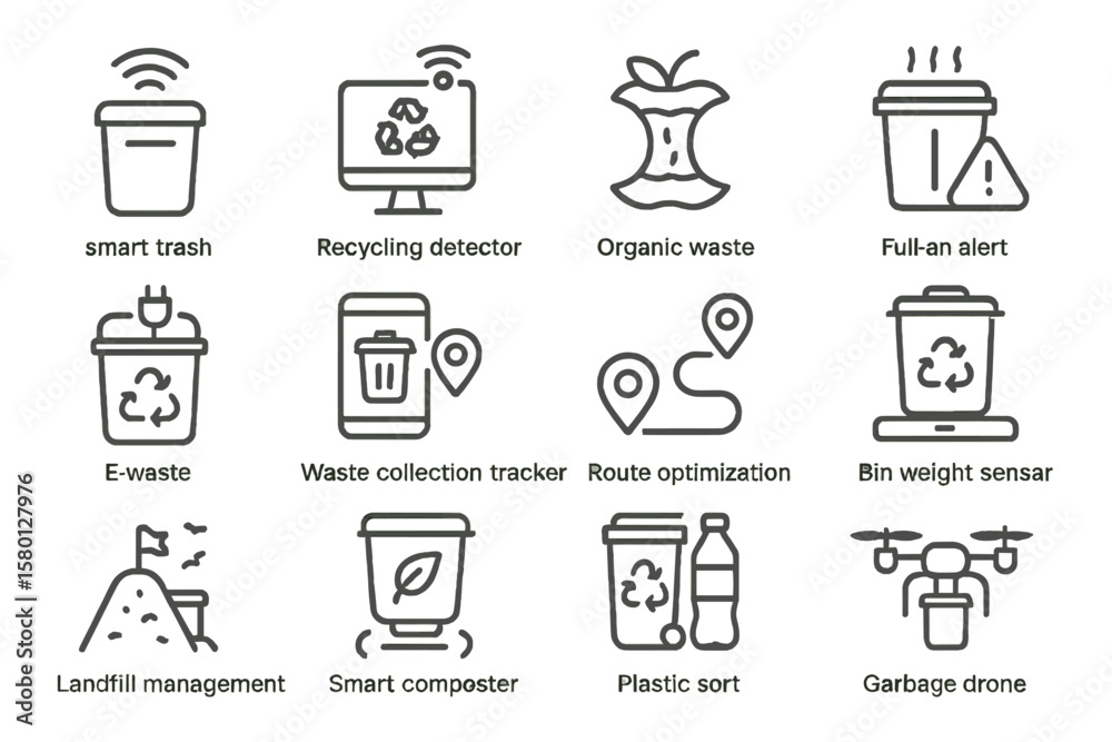 Obraz premium Smart waste management icons: recycling, organic, e-waste, and drone technology