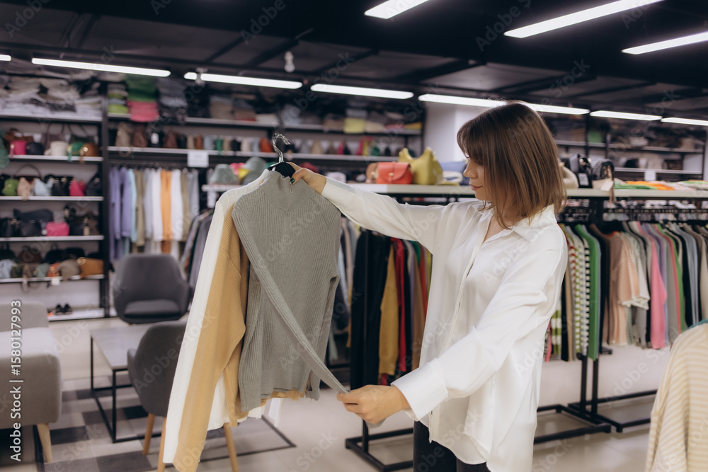 Obraz premium Woman Shopping in Stylish Clothing Store Browsing for Trendy Outfits and Accessories