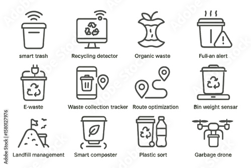 Smart waste management icons: recycling, organic, e-waste, and drone technology