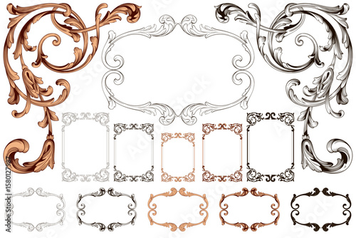 Decorative design set featuring flourish borders, corner elements, and frames, ideal for invitations, menus, and page embellishments. Perfect for enhancing layouts with elegant vector details.