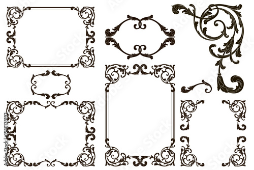 Decorative design set featuring flourish borders, corner elements, and frames, ideal for invitations, menus, and page embellishments. Perfect for enhancing layouts with elegant vector details.