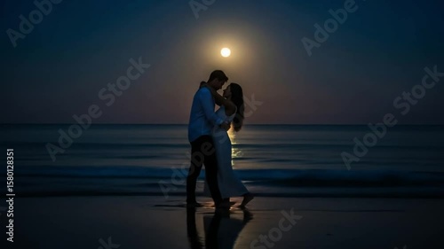 A romantic silhouette of a couple slow dancing in the moonlight on a beach, with the full moon reflecting on the calm ocean water.
