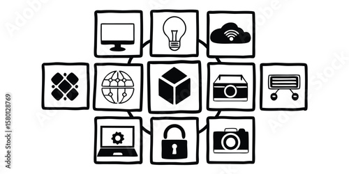 Illustration showing interconnected technology icons including cloud and camera and globe icons