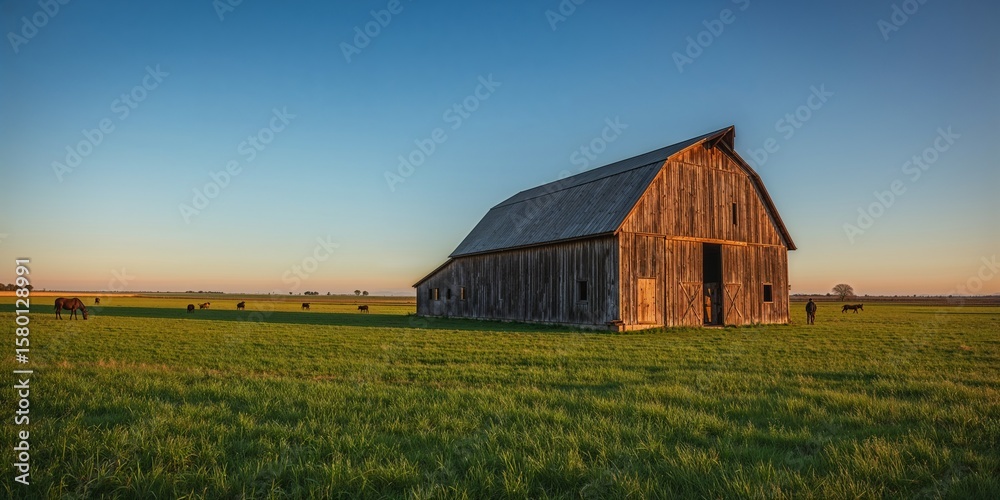 Obraz premium Rural barn at sunset with grazing livestock in a field.
