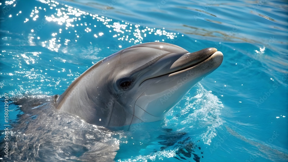 Fototapeta premium Close-Up Shot of a Bottlenose Dolphin Surfacing in Crystal Blue Water