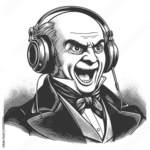 joyful bald man in formal attire wearing headphones laughing heartily while listening to music sketch engraving generative ai fictional character vector illustration. Scratch board. Black and white.