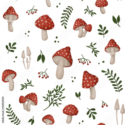 Fly agaric, fungus, poison mushrooms with plants seamless pattern, hand draw magic woodland wallpaper, transparent background
