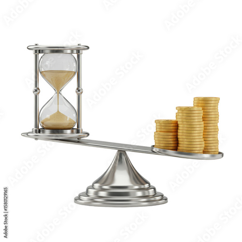 3D Investment Balance with Hourglass Time and Gold Coins Finance