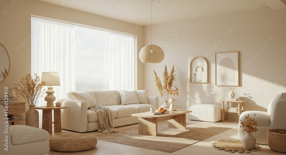 Obraz premium Neutral Living Room Interior with Sofa, Wooden Coffee Table, and Decorative Accents