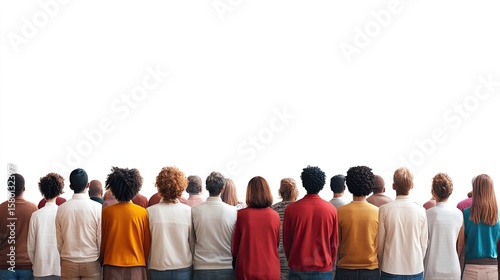 Large group of people praying with backs turned, white background, diverse religious gathering, spiritual moment.